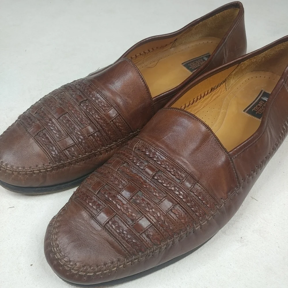 Miguel Angel Brown Woven Leather Slip On Loafers S